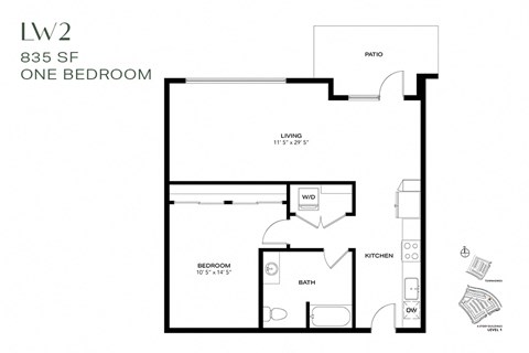 Floor plan for 1 bed, 1 bath, 835 sqft